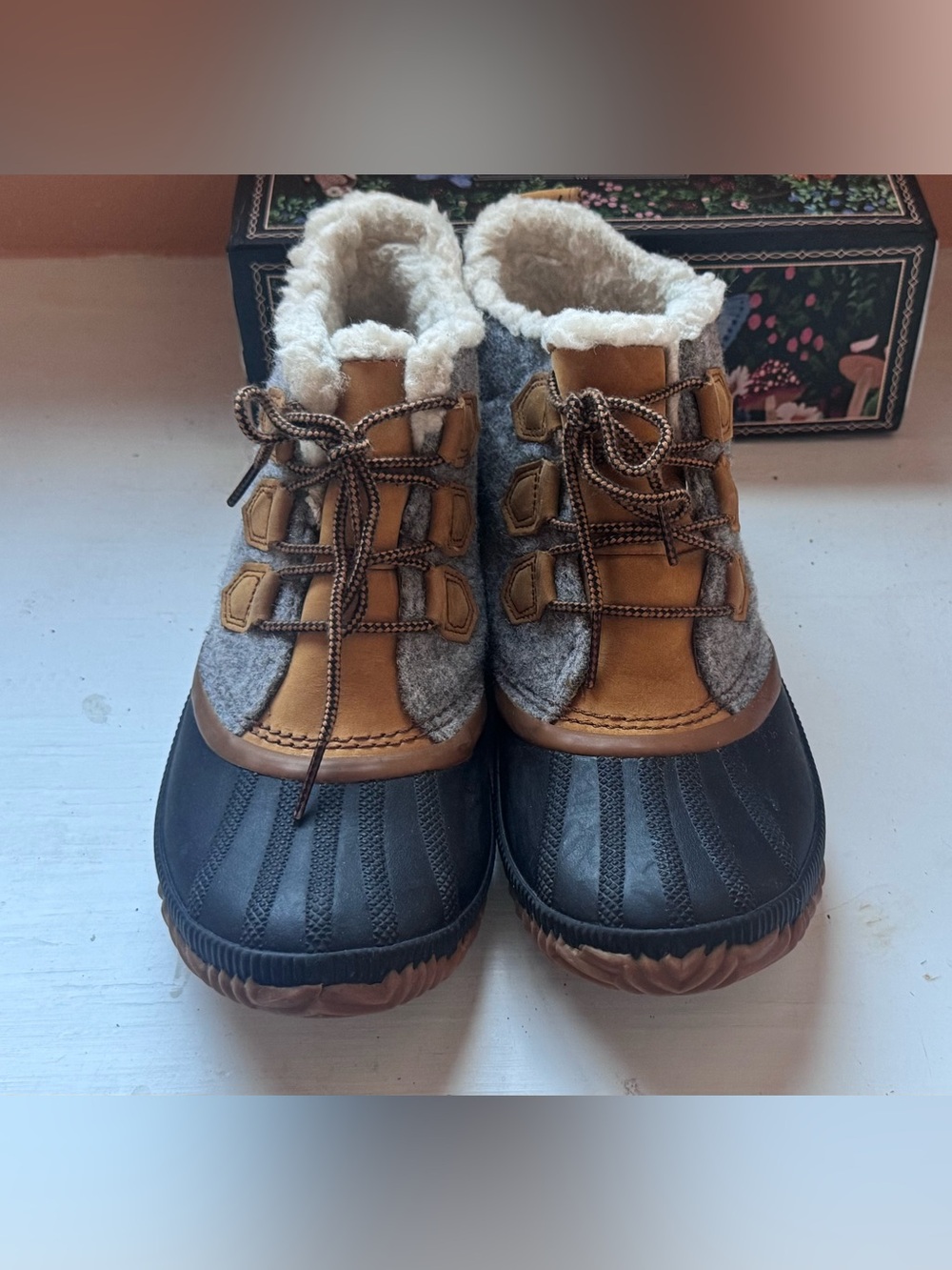 Sorel Kids Waterproof Duck Boots in Black, Gray and Tan